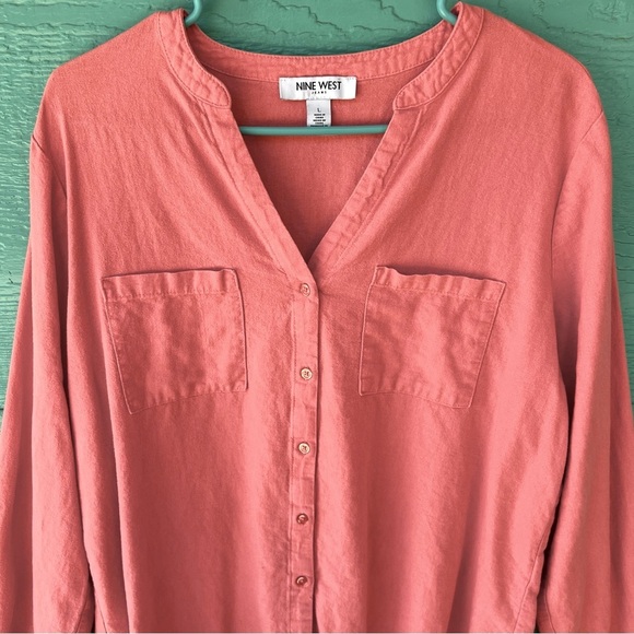 LINEN V-NECK ROLL TAB SLEEVES BUTTON DOWN TUNIC TOP SALMON HIGH LOW SIZE LARGE - Picture 3 of 6